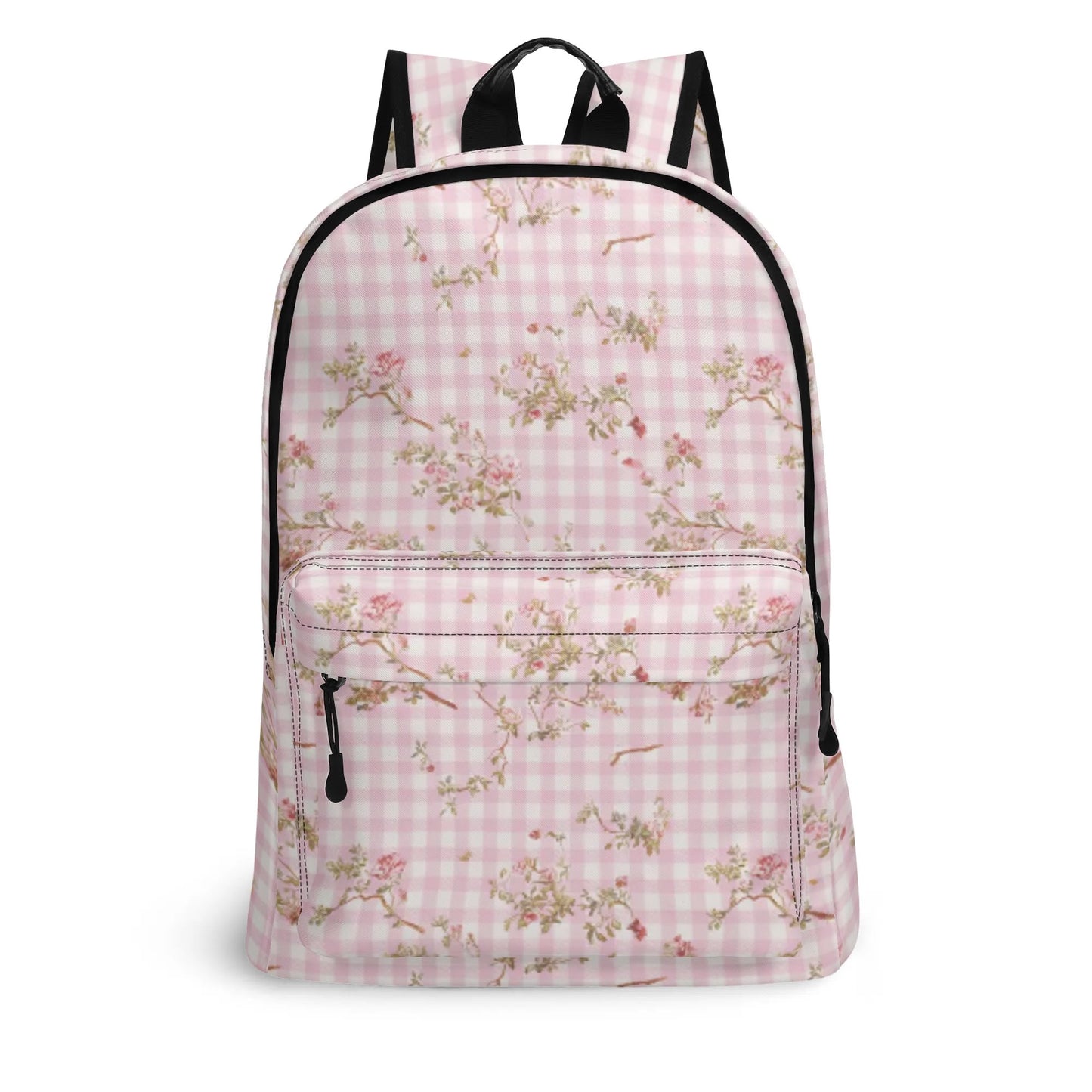 Vampire Art Retro Chic Vegan Leather 17 inch Back to School Twill Backpack - Pale Pink Gingham with Flowers