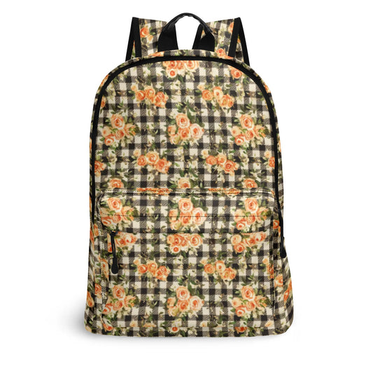 Vampire Art Retro Chic Vegan Leather 17 inch Back to School Twill Backpack - Vintage Black Gingham with Orange Flowers