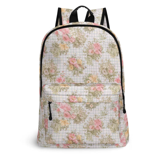 Vampire Art Retro Chic Vegan Leather 17 inch Back to School Twill Backpack - Pale Blue Gingham with flowers