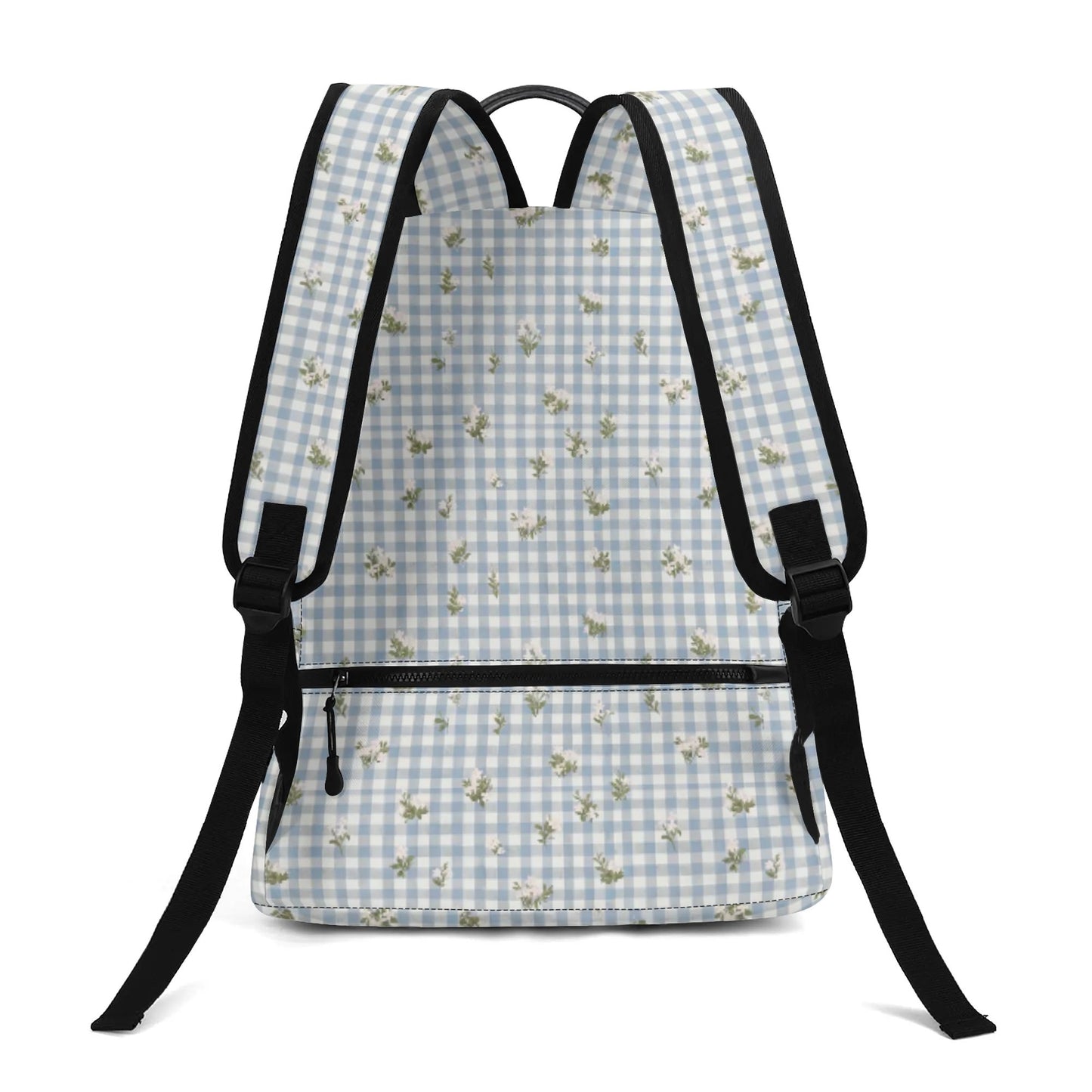 Vampire Art Retro Chic Vegan Leather 17 inch Back to School Twill Backpack - Cottagecore Pale Blue Floral Gingham