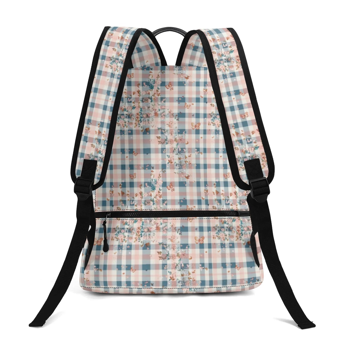 Vampire Art Retro Chic Vegan Leather 17 inch Back to School Twill Backpack - Blue and Pink Floral Gingham