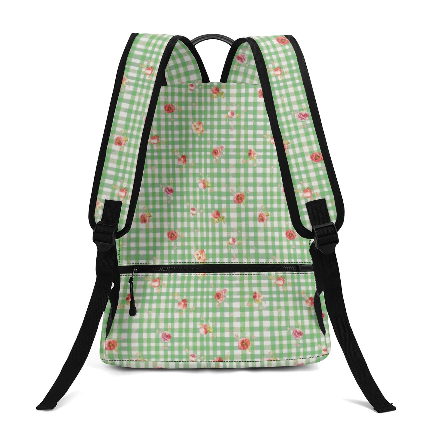 Vampire Art Retro Chic Vegan Leather 17 inch Back to School Twill Backpack - Green Floral Gingham