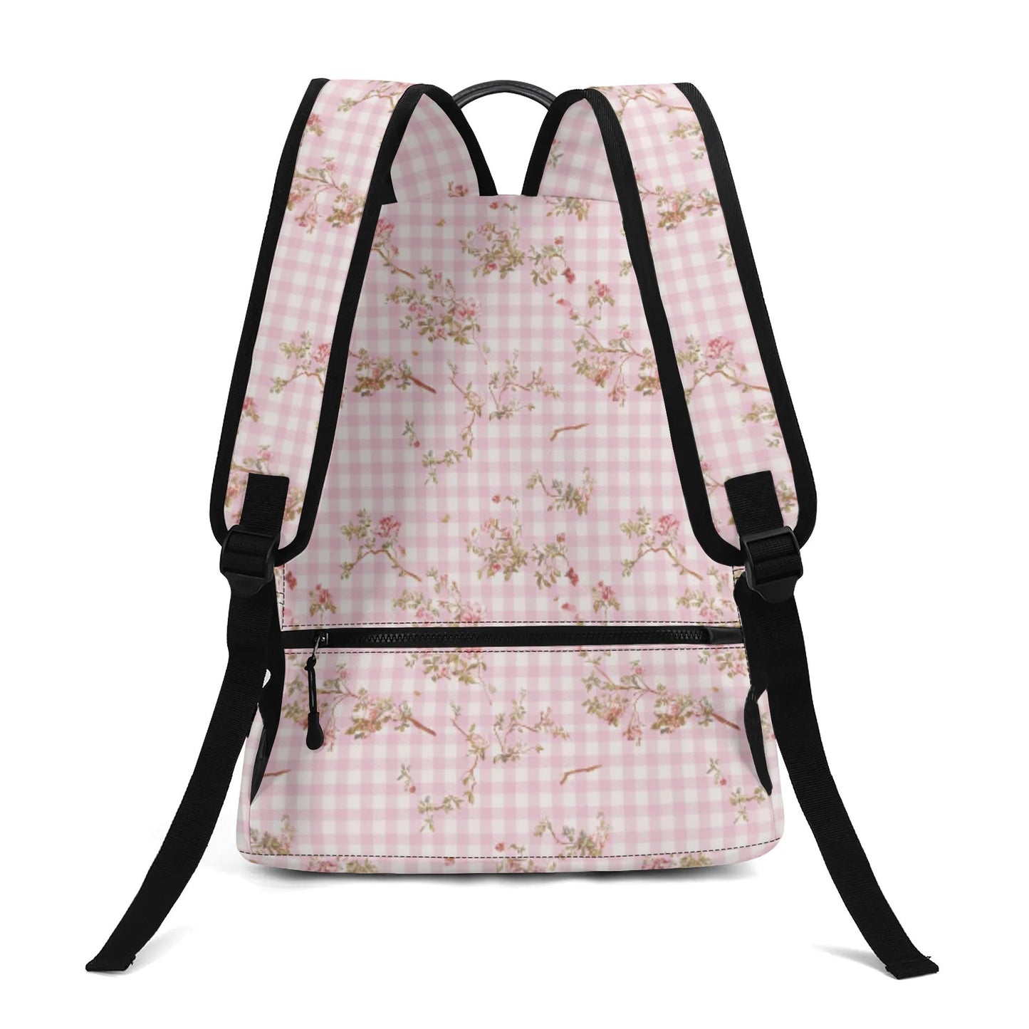 Vampire Art Retro Chic Vegan Leather 17 inch Back to School Twill Backpack - Pale Pink Gingham with Flowers