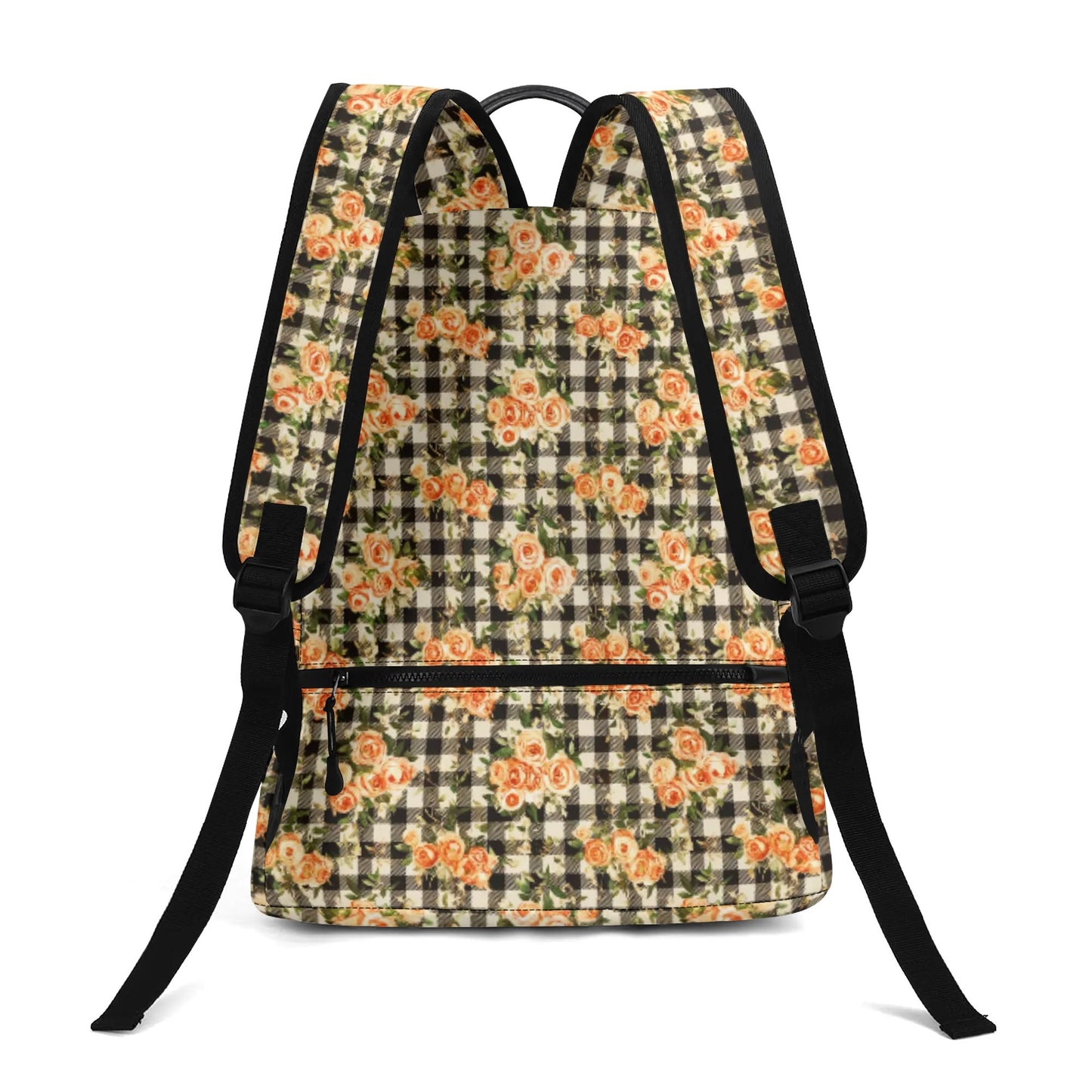 Vampire Art Retro Chic Vegan Leather 17 inch Back to School Twill Backpack - Vintage Black Gingham with Orange Flowers