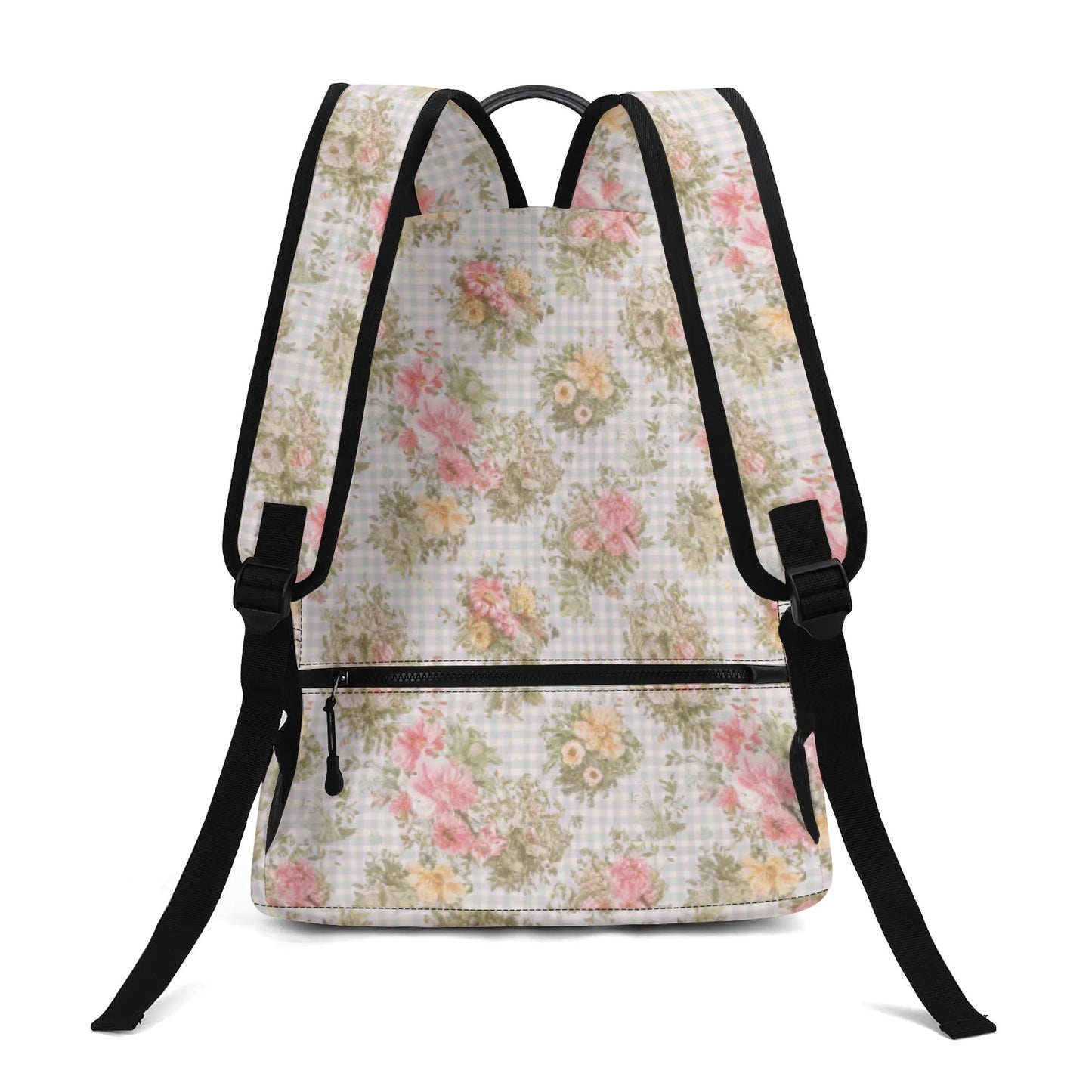 Vampire Art Retro Chic Vegan Leather 17 inch Back to School Twill Backpack - Pale Blue Gingham with flowers