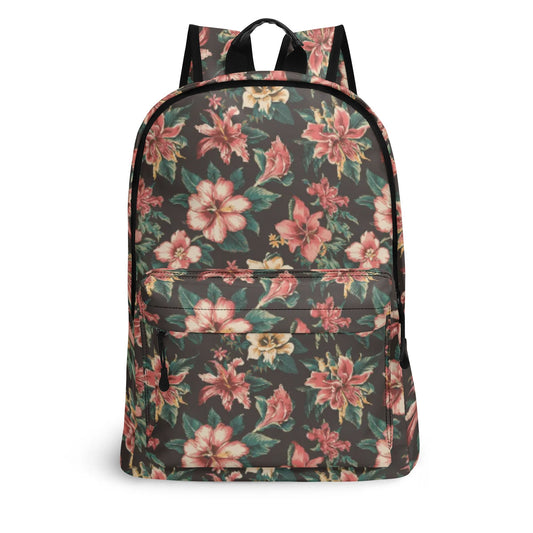 Vampire Art Retro Chic Vegan Leather 17 inch Back to School Twill Backpack - Dark 1970s Surf Florals