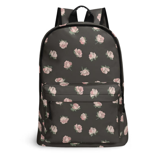 Vampire Art Retro Chic Vegan Leather 17 inch Back to School Twill Backpack - Black with Pink Roses