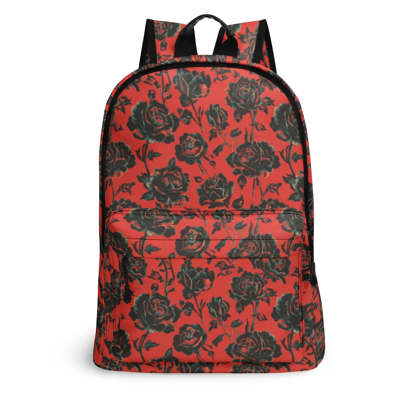 Vampire Art Retro Chic Vegan Leather 17 inch Back to School Twill Backpack - Red with Black Goth Roses