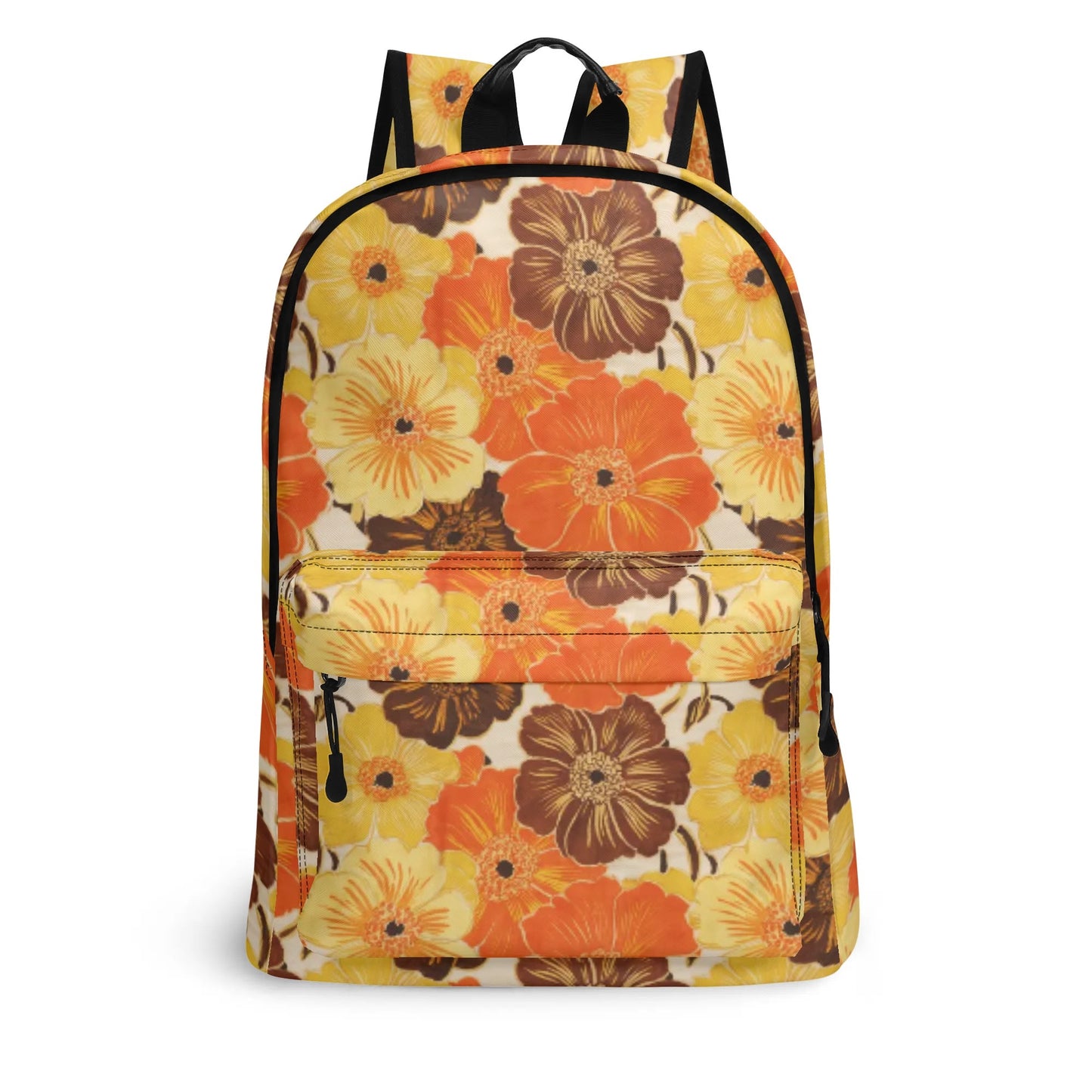 Vampire Art Retro Chic Vegan Leather 17 inch Back to School Twill Backpack - 1970s Florals in Brown, Yellow and Orange