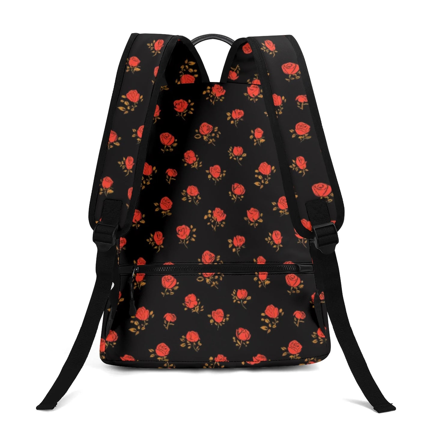 Vampire Art Retro Chic Vegan Leather 17 inch Back to School Twill Backpack - Black with Red Vintage Roses