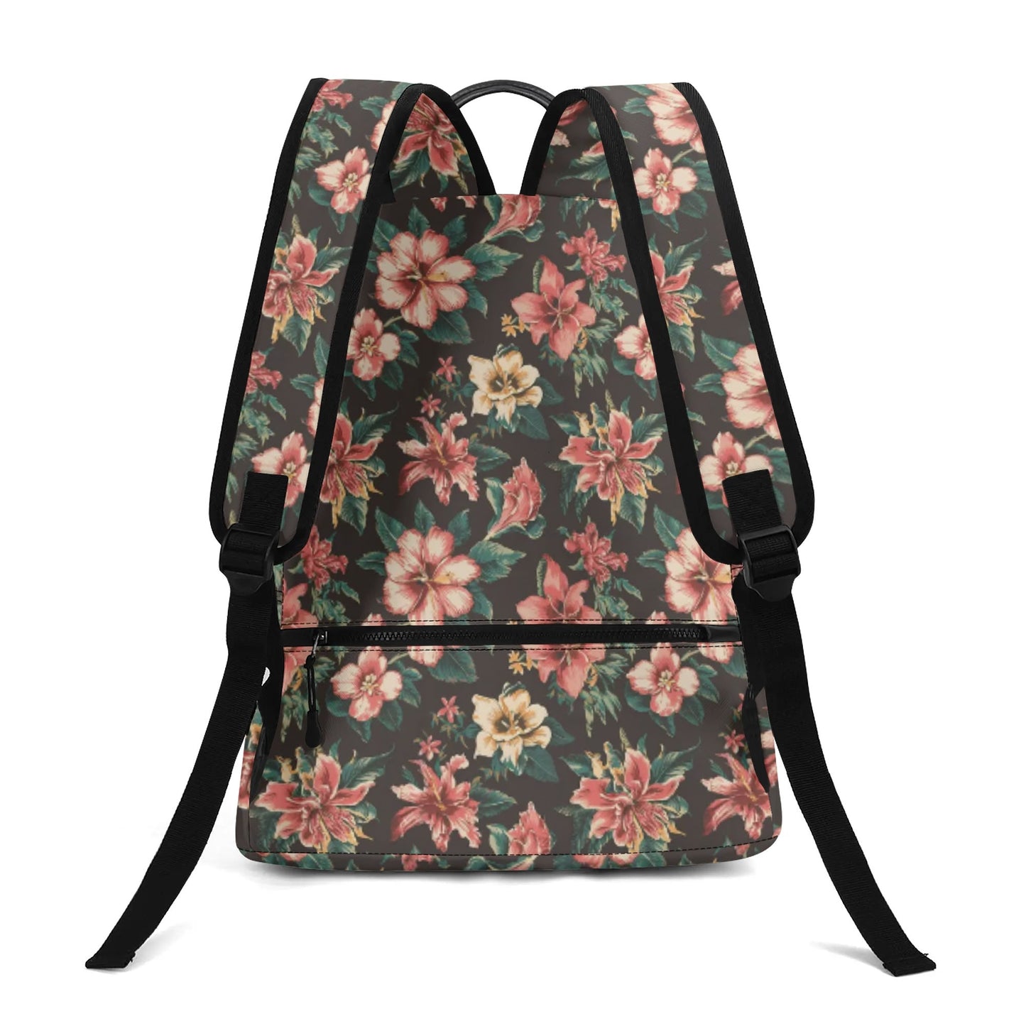 Vampire Art Retro Chic Vegan Leather 17 inch Back to School Twill Backpack - Dark 1970s Surf Florals