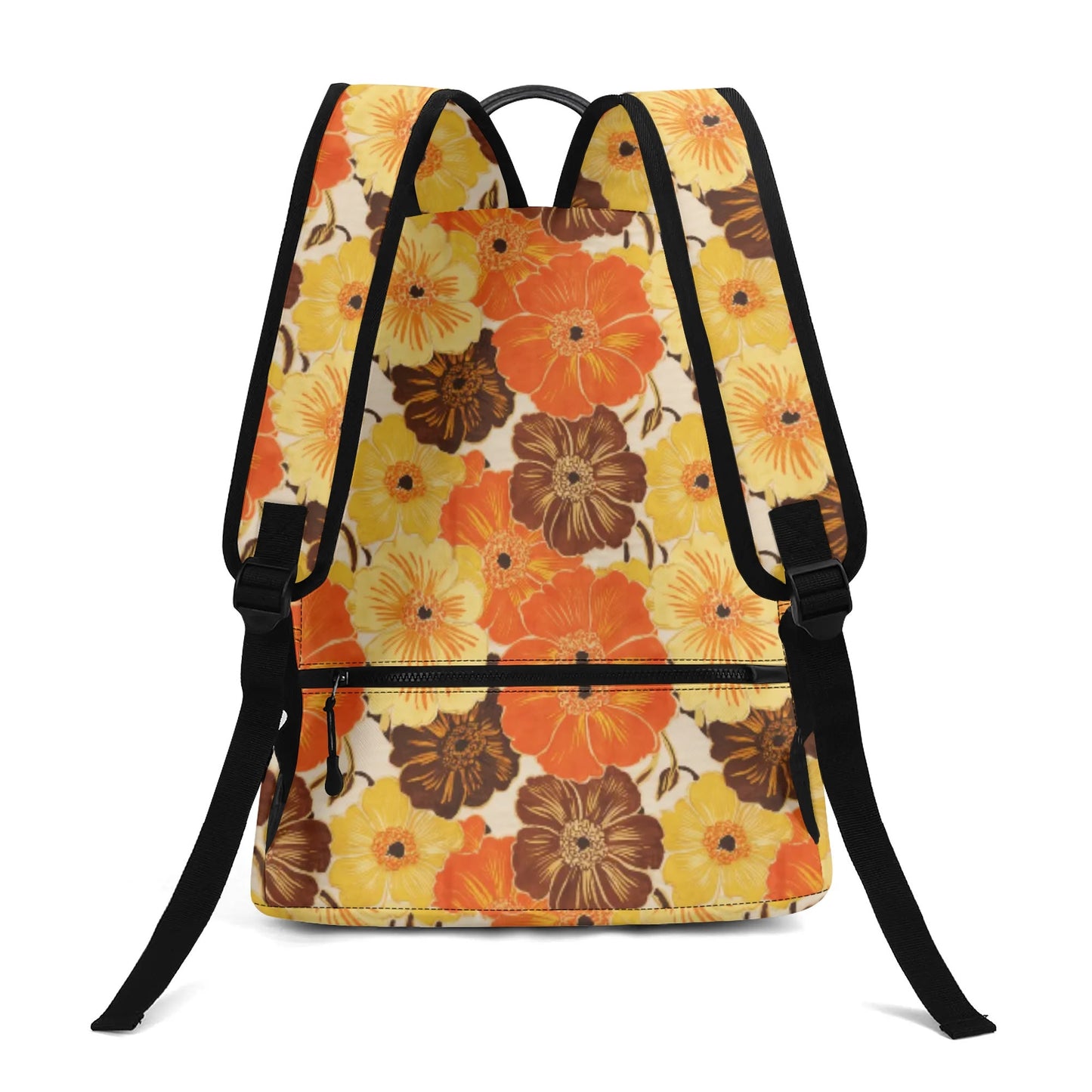 Vampire Art Retro Chic Vegan Leather 17 inch Back to School Twill Backpack - 1970s Florals in Brown, Yellow and Orange