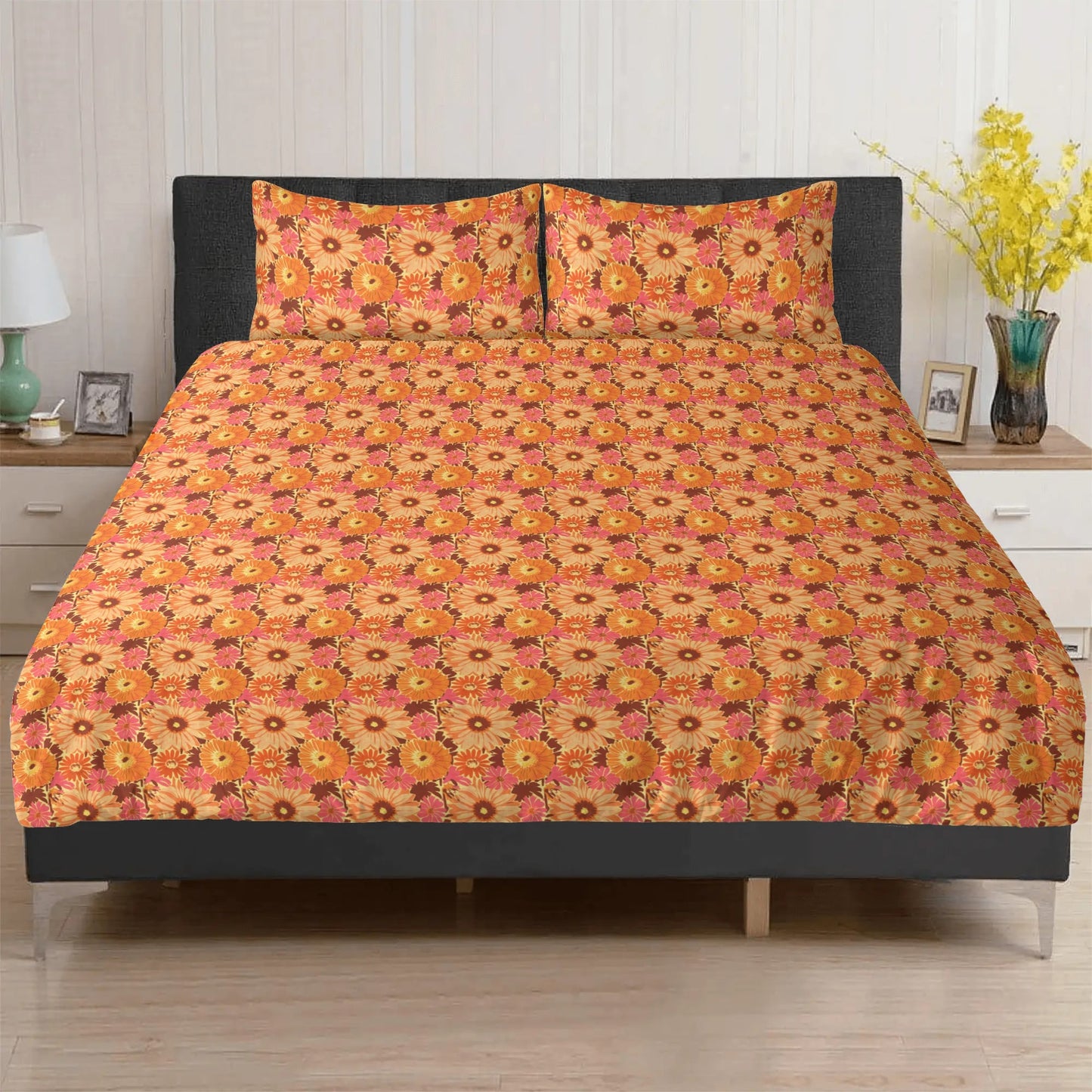 Vampire Art Retro Boho Dreamscape 3-Piece Bedding Set - Seventies Flowers in Orange