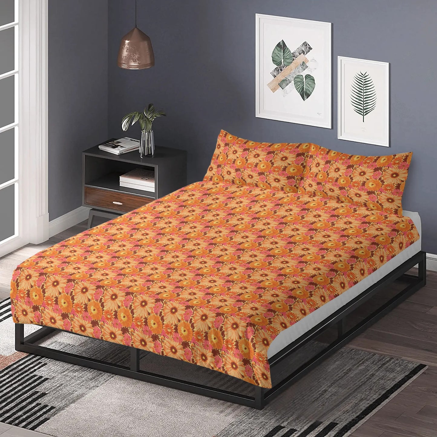 Vampire Art Retro Boho Dreamscape 3-Piece Bedding Set - Seventies Flowers in Orange