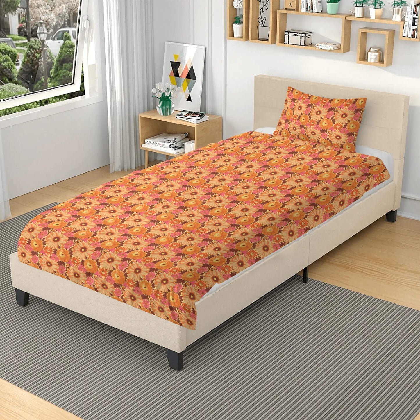 Vampire Art Retro Boho Dreamscape 3-Piece Bedding Set - Seventies Flowers in Orange