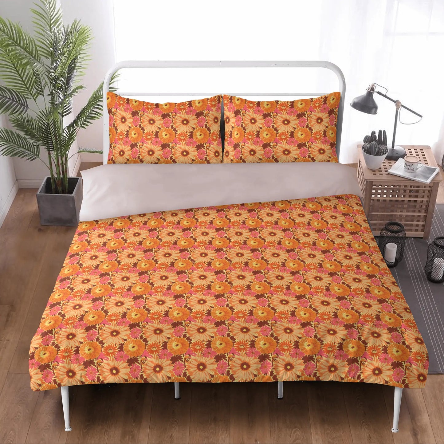 Vampire Art Retro Boho Dreamscape 3-Piece Bedding Set - Seventies Flowers in Orange