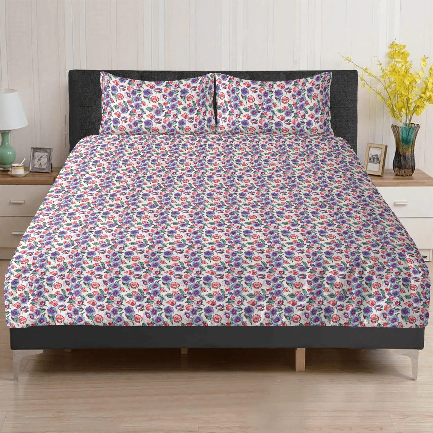 Vampire Art Retro Surf Dreamscape 3-Piece Bedding Set - Vintage Florals in Blue and Pink