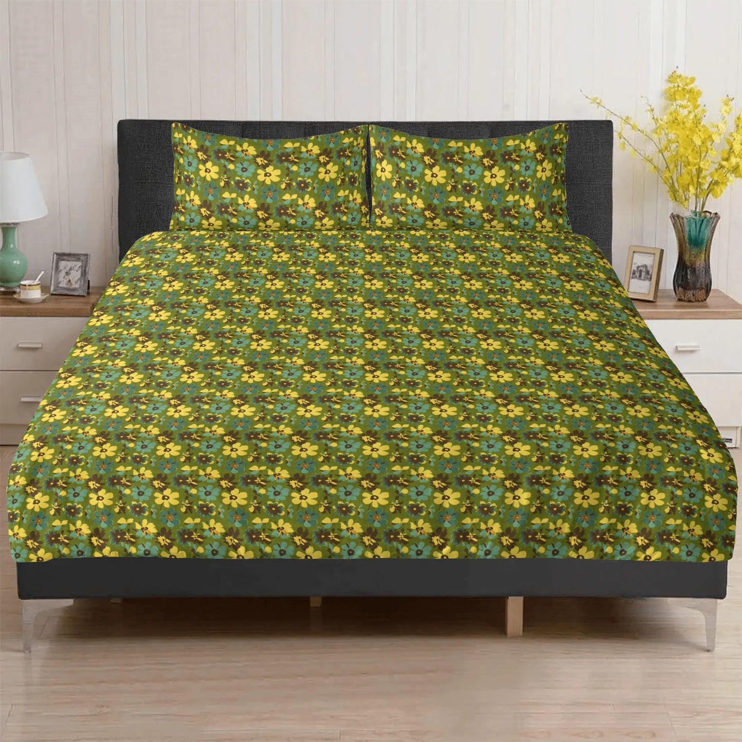 Vampire Art Retro Boho Dreamscape 3-Piece Bedding Set - Seventies Flowers in Green