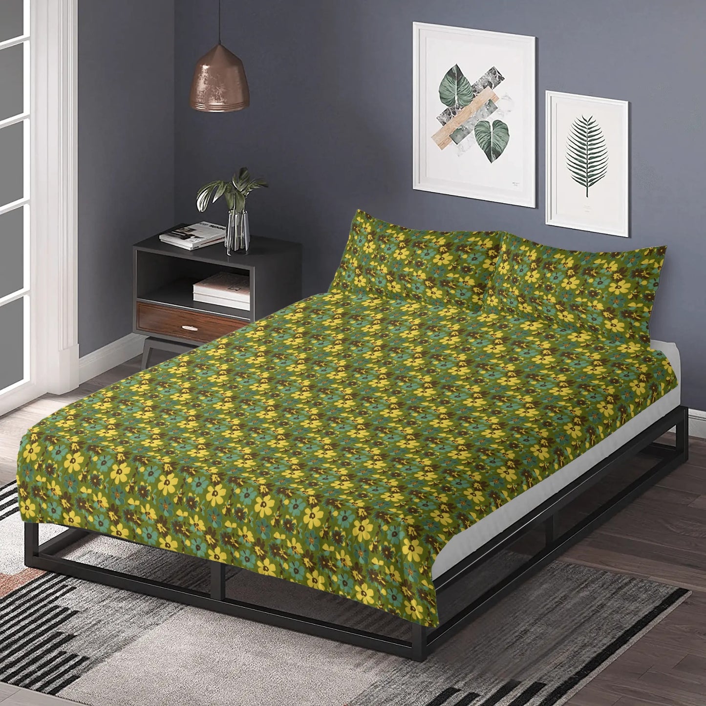 Vampire Art Retro Boho Dreamscape 3-Piece Bedding Set - Seventies Flowers in Green