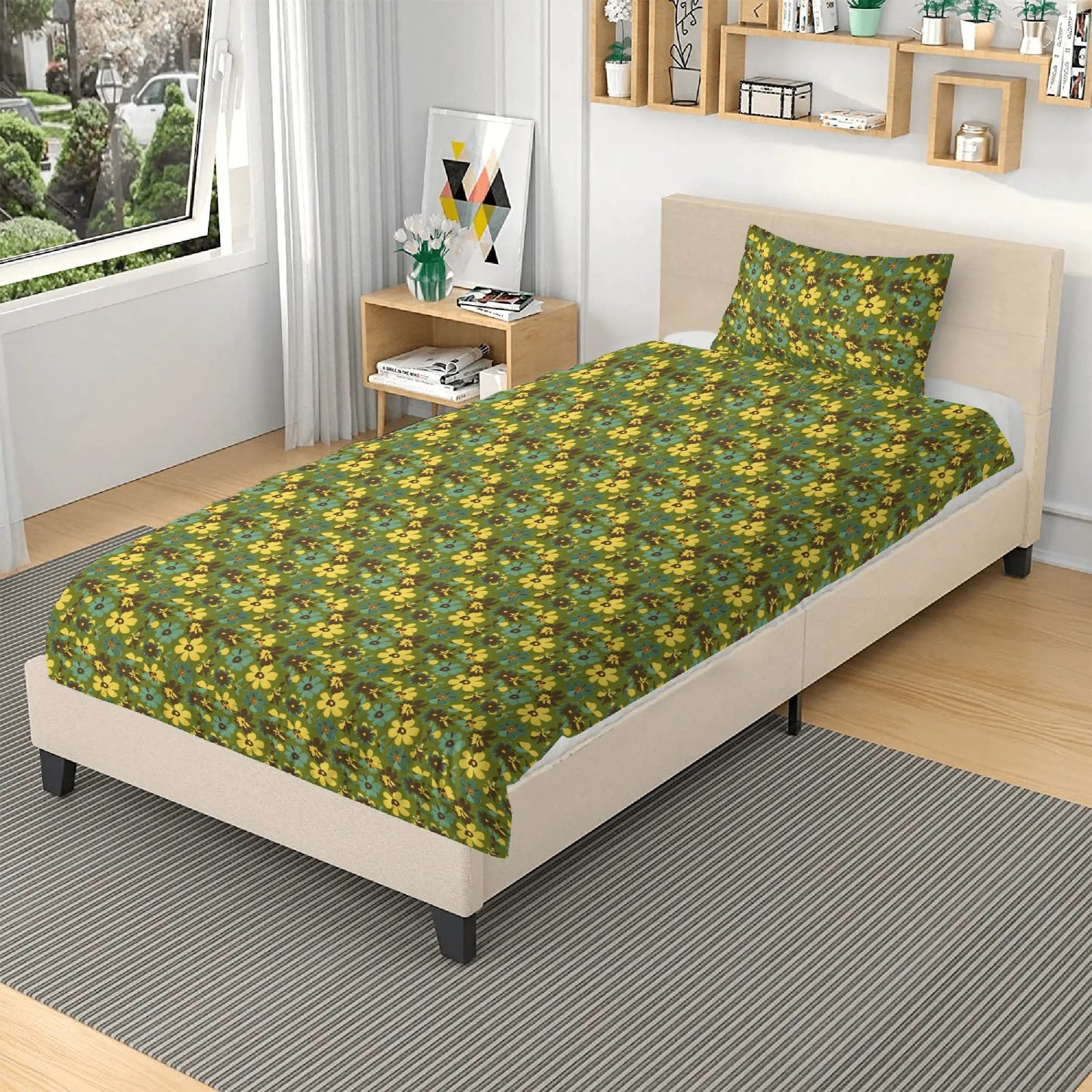 Vampire Art Retro Boho Dreamscape 3-Piece Bedding Set - Seventies Flowers in Green