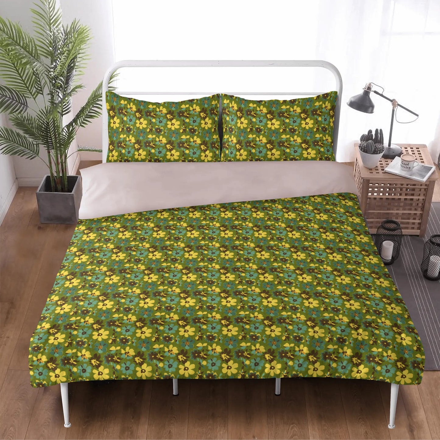 Vampire Art Retro Boho Dreamscape 3-Piece Bedding Set - Seventies Flowers in Green