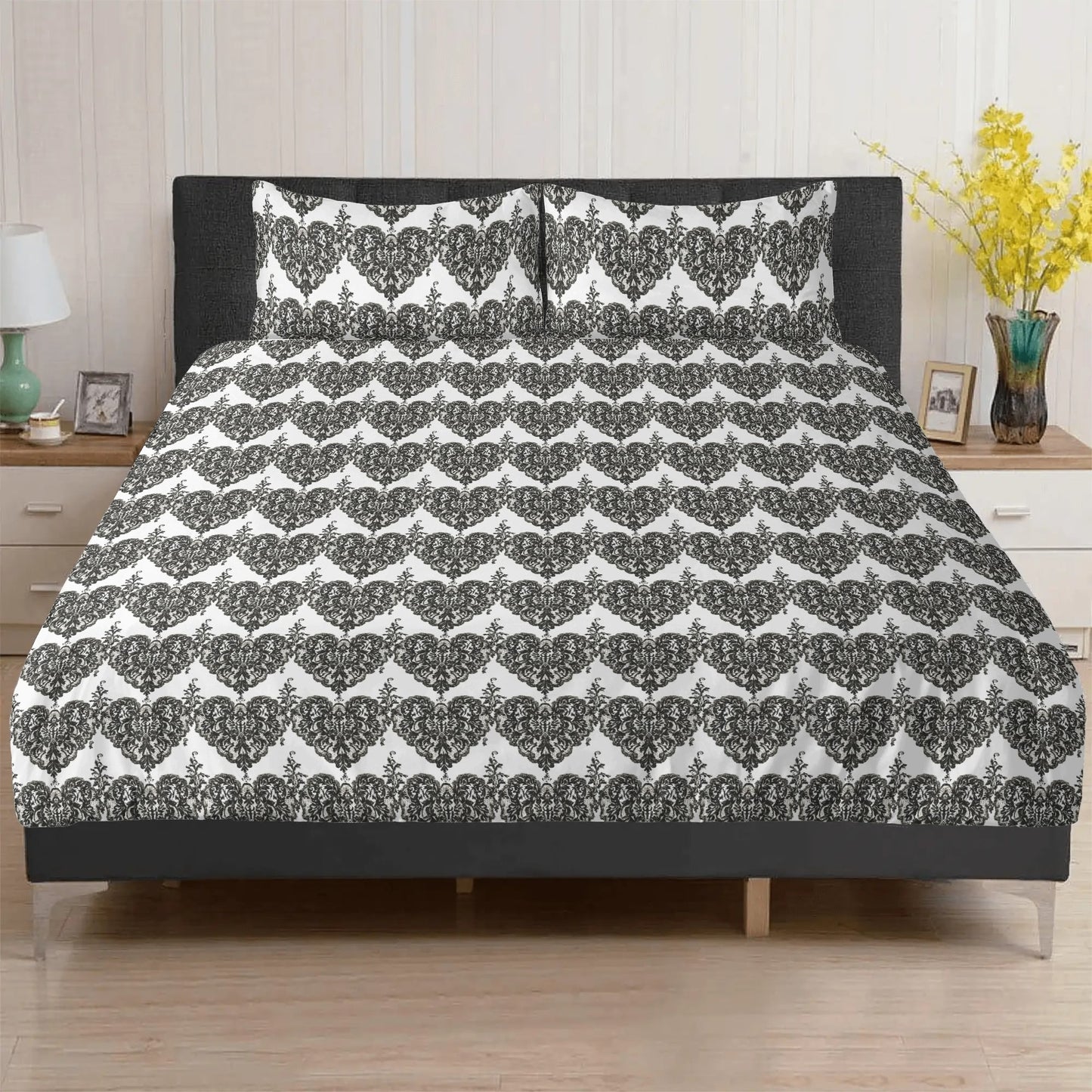 Vampire Art Whimsigoth Dreamscape 3-Piece Bedding Set - Lace Brocade in Black and White