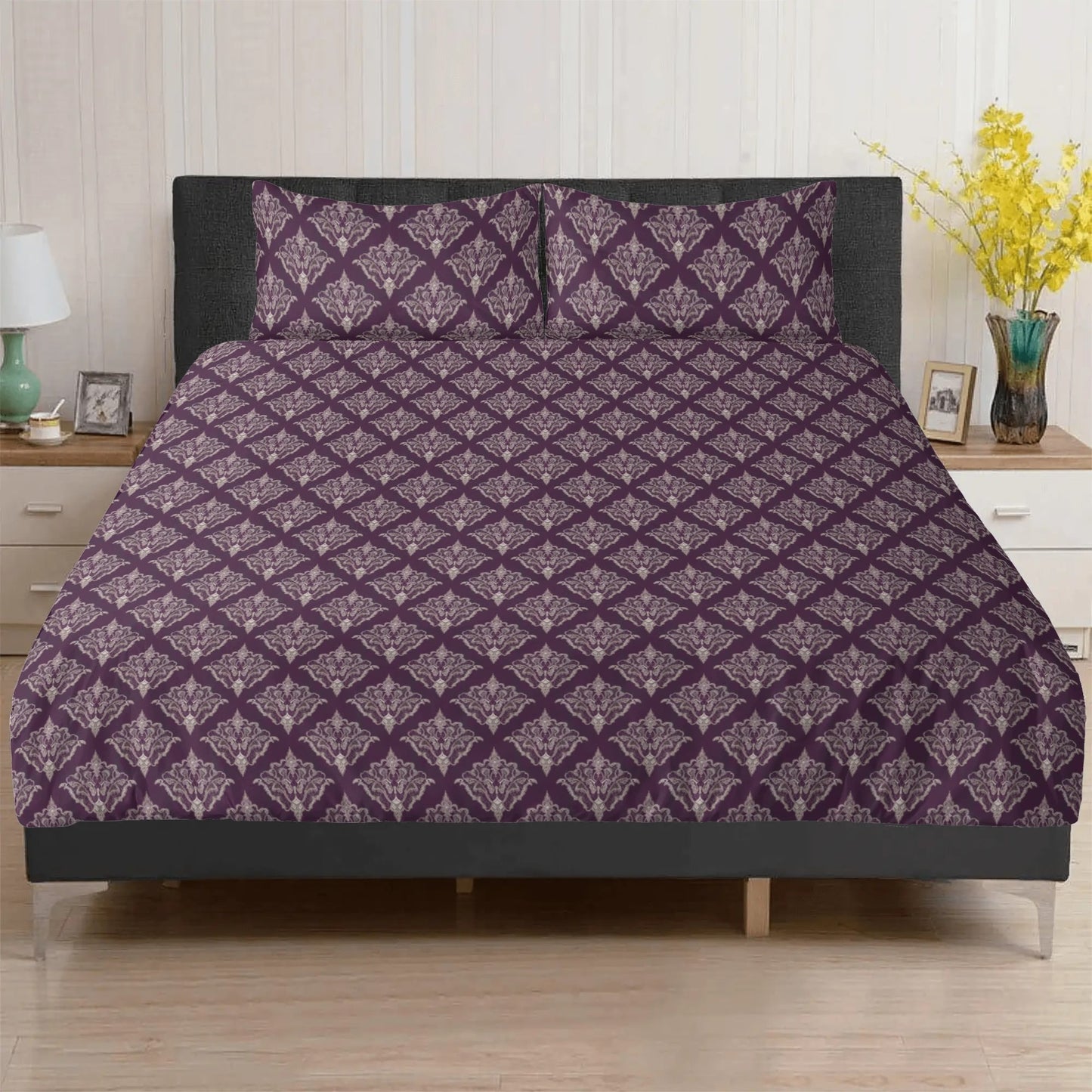 Vampire Art Whimsigoth Dreamscape 3-Piece Bedding Set - Purple with White Brocade Lace Print