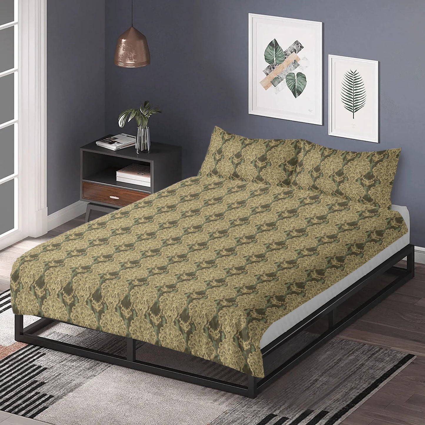 Vampire Art Whimsigoth Dreamscape 3-Piece Bedding Set - Grunge Brocade with Green