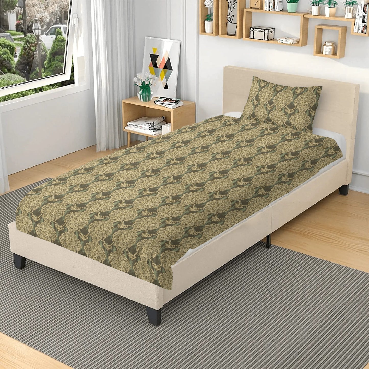 Vampire Art Whimsigoth Dreamscape 3-Piece Bedding Set - Grunge Brocade with Green