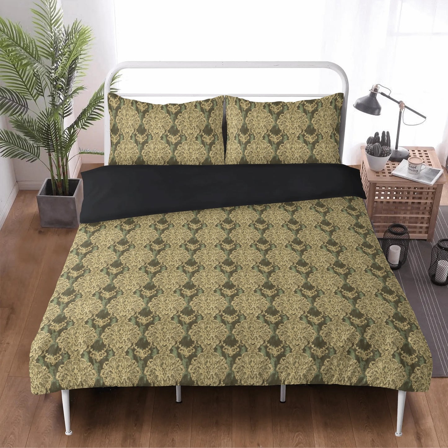 Vampire Art Whimsigoth Dreamscape 3-Piece Bedding Set - Grunge Brocade with Green