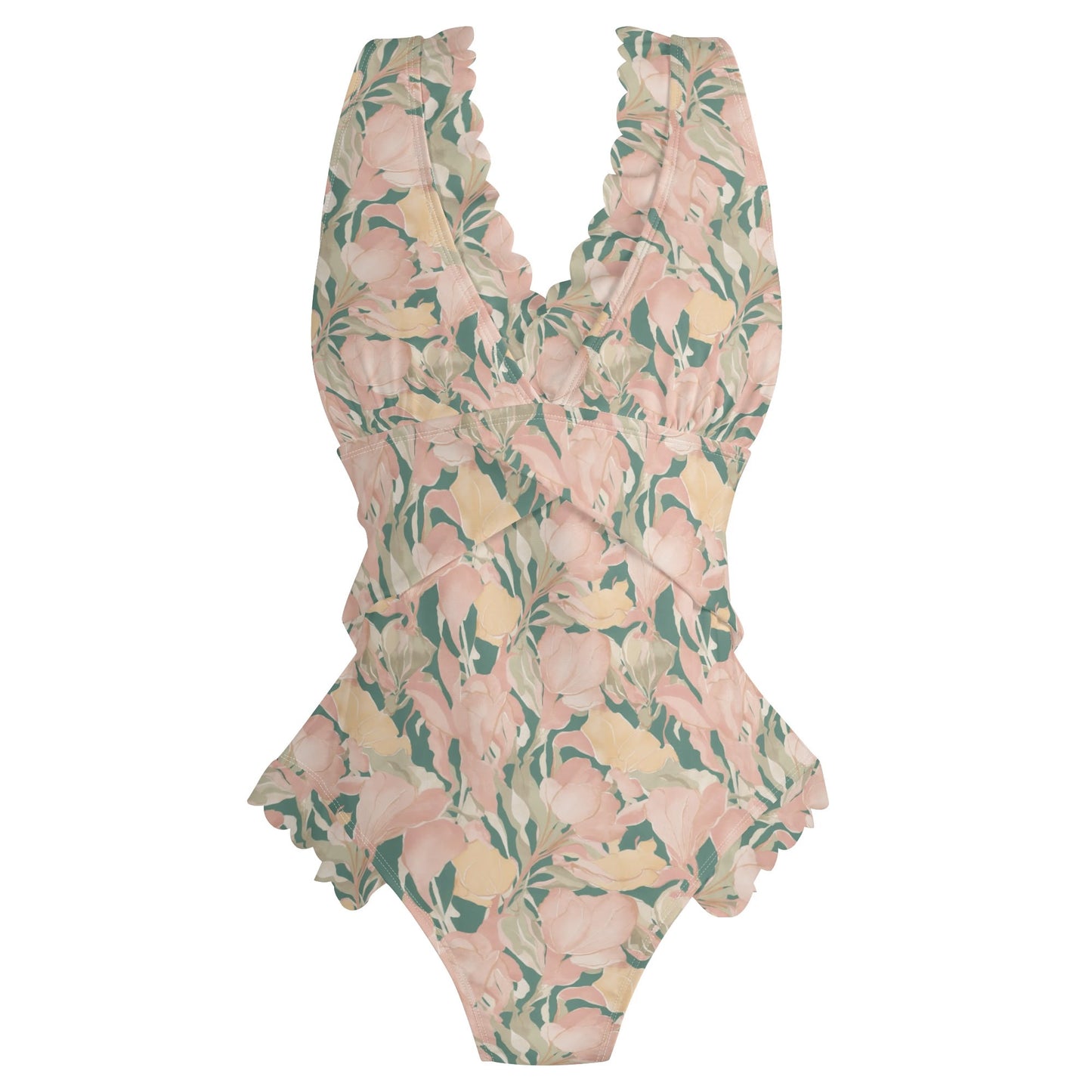 Vampire Art Romantic Ruffle Edge Cross-Front One Piece Swimsuit Bathing Suit - Pale Retro Flowers