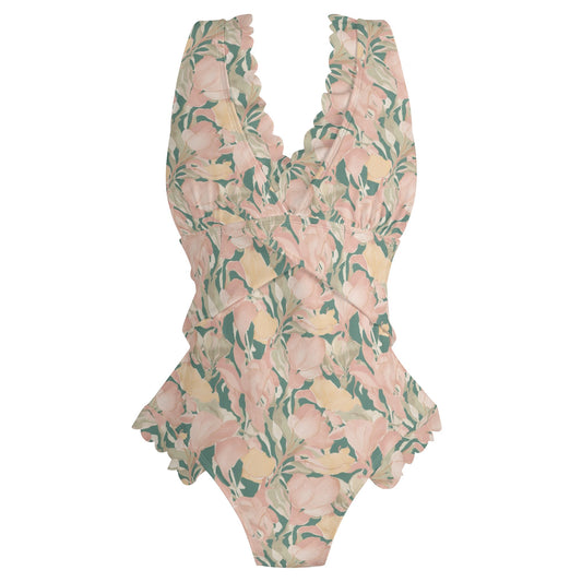 Vampire Art Romantic Ruffle Edge Cross-Front One Piece Swimsuit Bathing Suit - Pale Retro Flowers