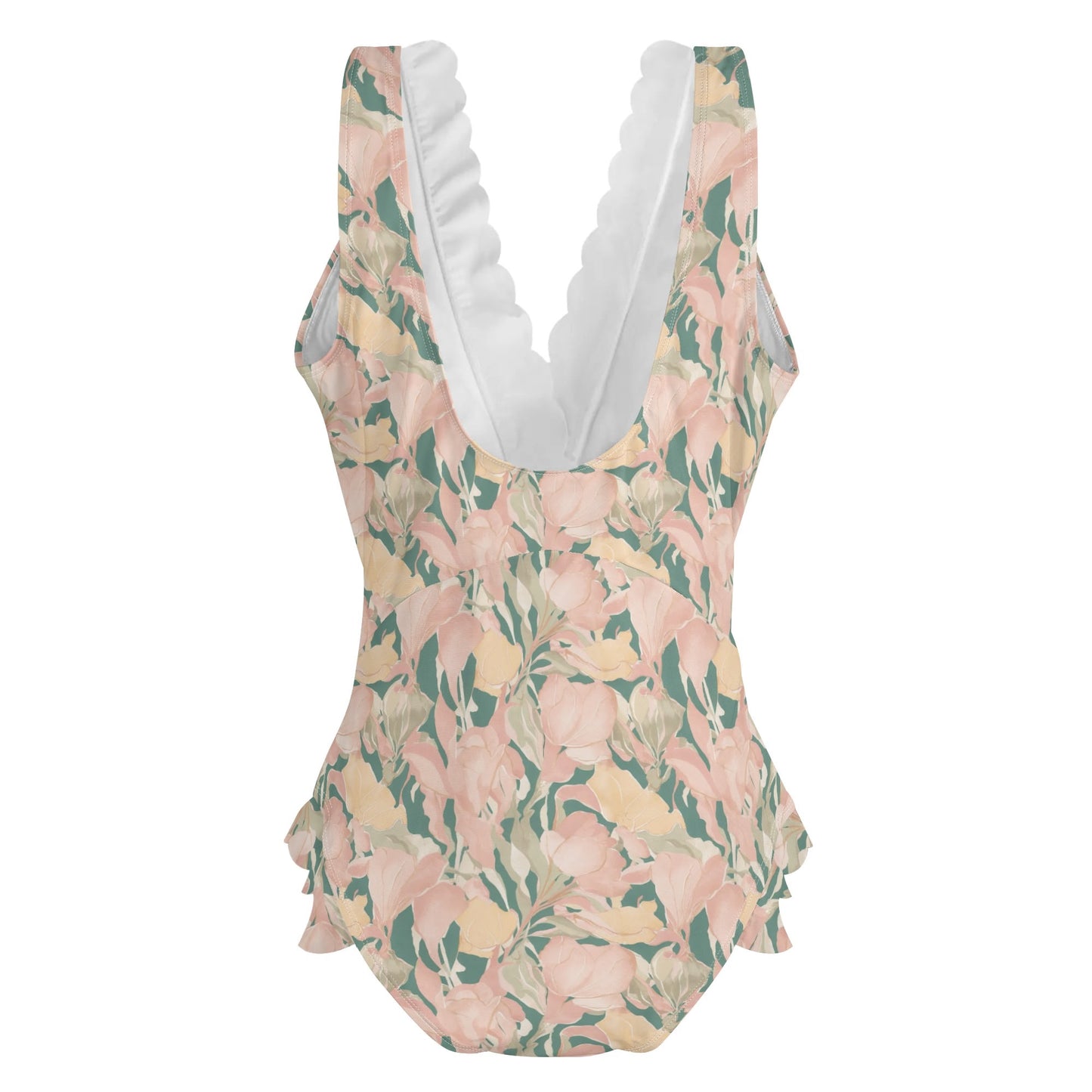 Vampire Art Romantic Ruffle Edge Cross-Front One Piece Swimsuit Bathing Suit - Pale Retro Flowers