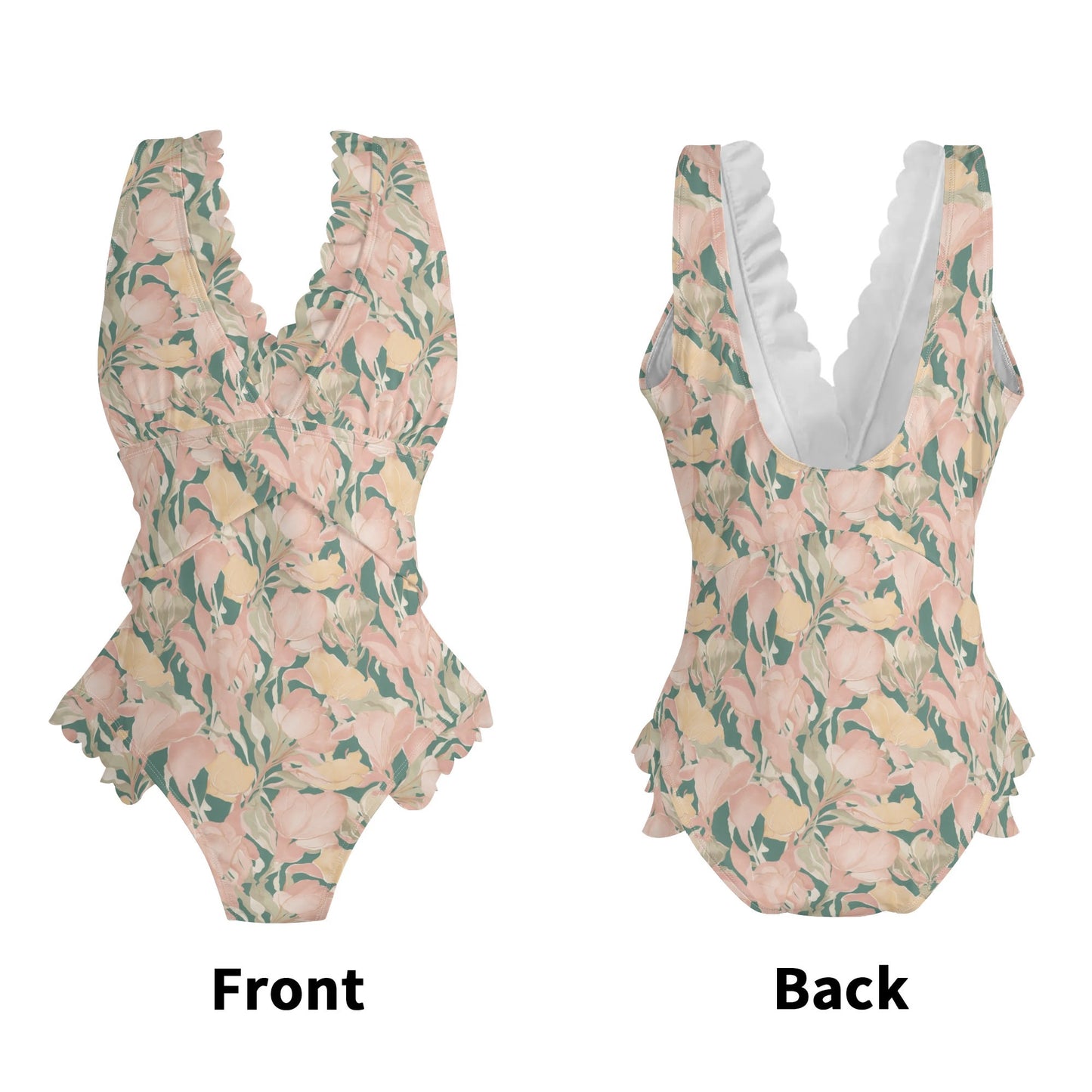 Vampire Art Romantic Ruffle Edge Cross-Front One Piece Swimsuit Bathing Suit - Pale Retro Flowers