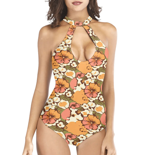 Vampire Art Retro Bloom Halter One-Piece Swimsuit - 70s Boho Flowers