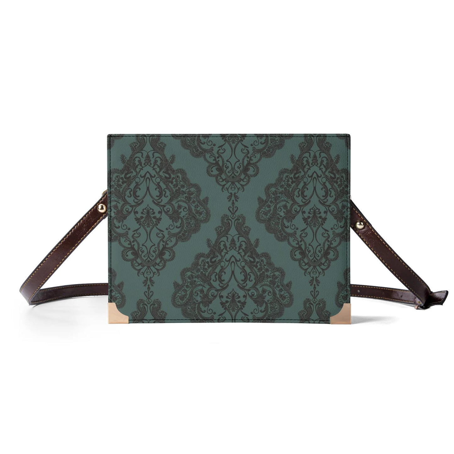 Vampire Art Dark Academia Book Cover Crossbody Bag - Goth Damask in Teal Green