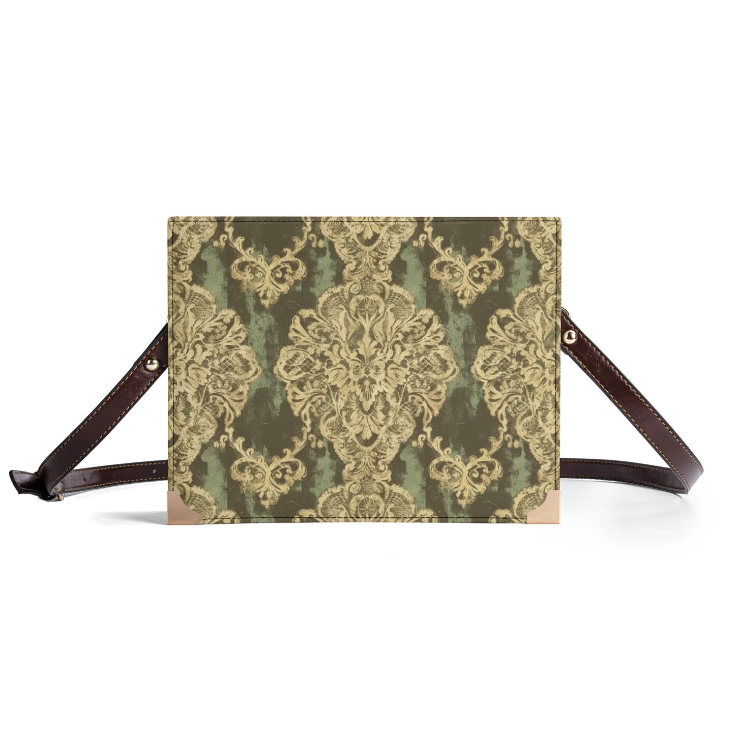 Vampire Art Dark Academia Book Cover Crossbody Bag - Grunge Damask in Green and Cream