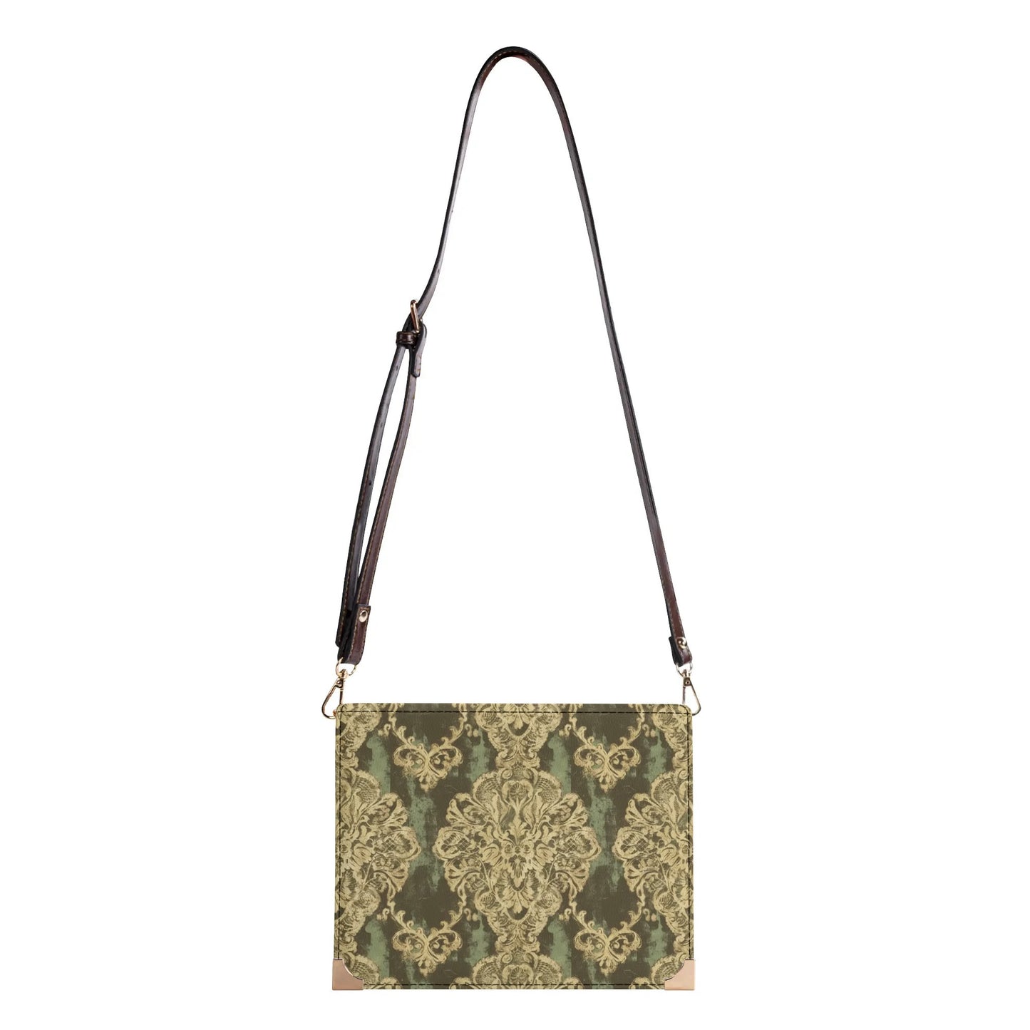 Vampire Art Dark Academia Book Cover Crossbody Bag - Grunge Damask in Green and Cream