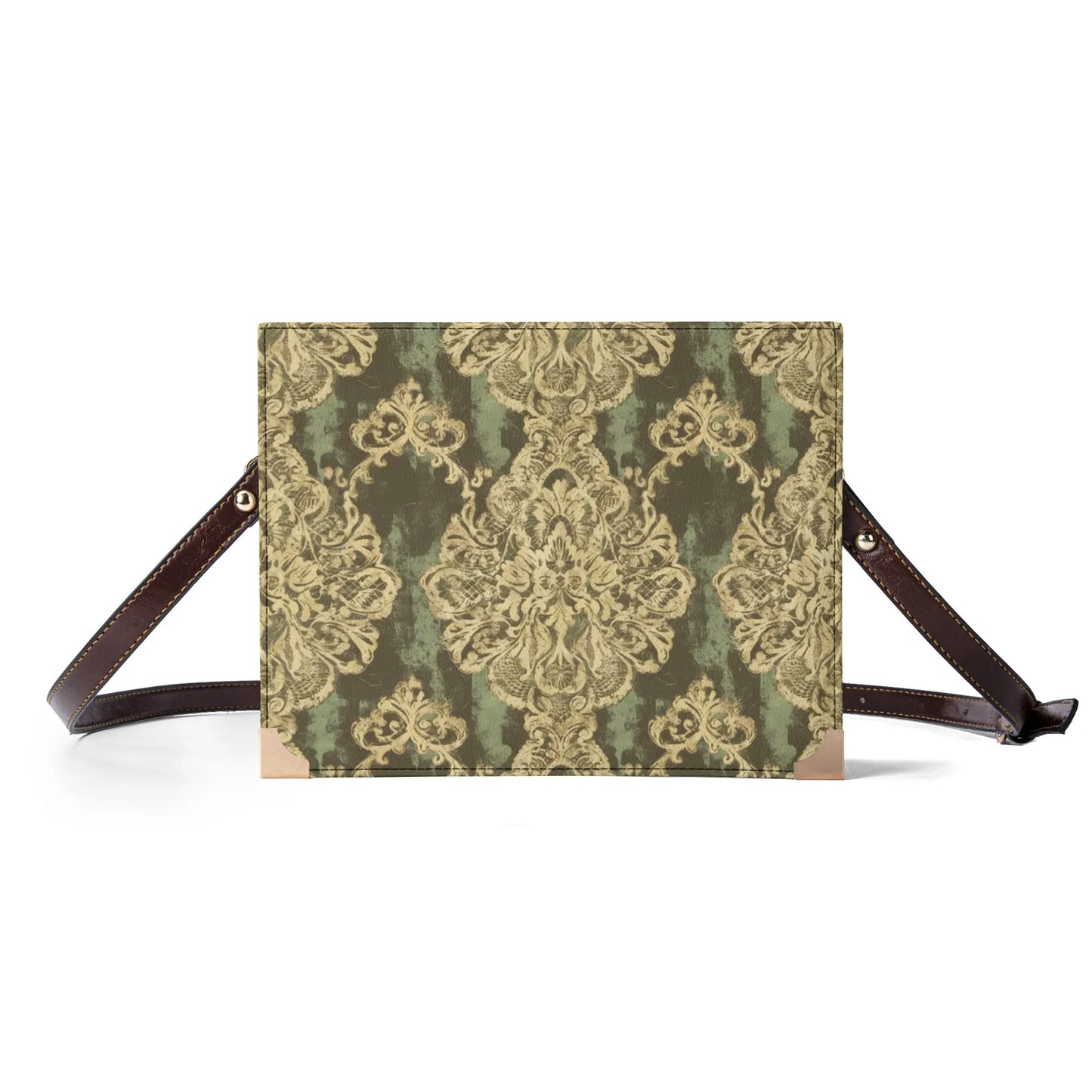 Vampire Art Dark Academia Book Cover Crossbody Bag - Grunge Damask in Green and Cream