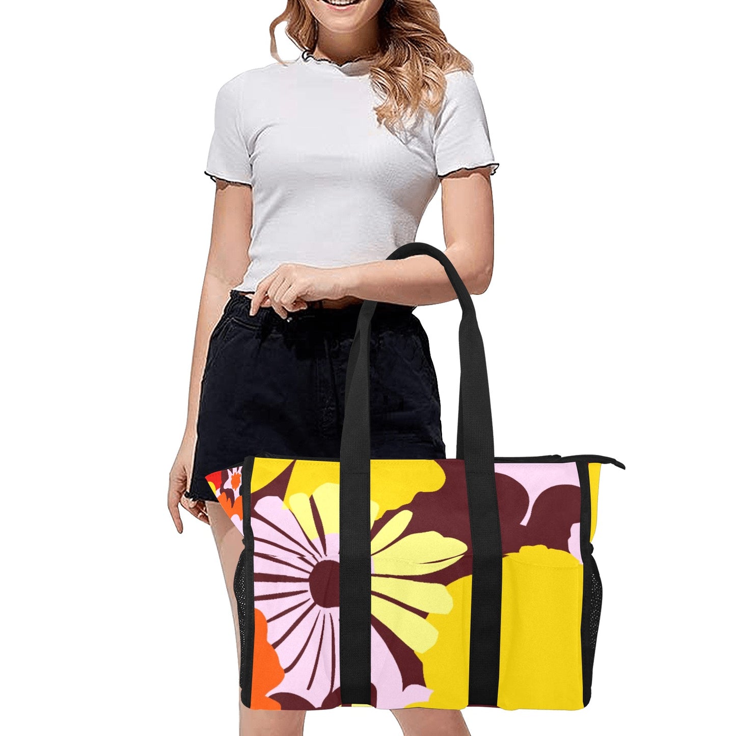 Vampire Art Retro Large Multi-pocket Beach Bag - Bold Sixties Florals in Yellow and Lilac