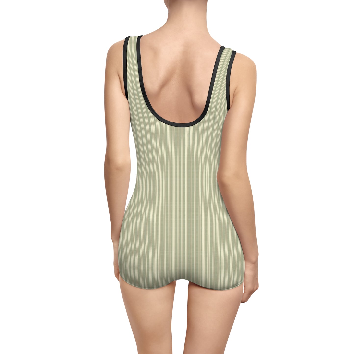 Vampire Art Women's Vintage Swimsuit - Khaki Vertical Thin Grandad Stripes