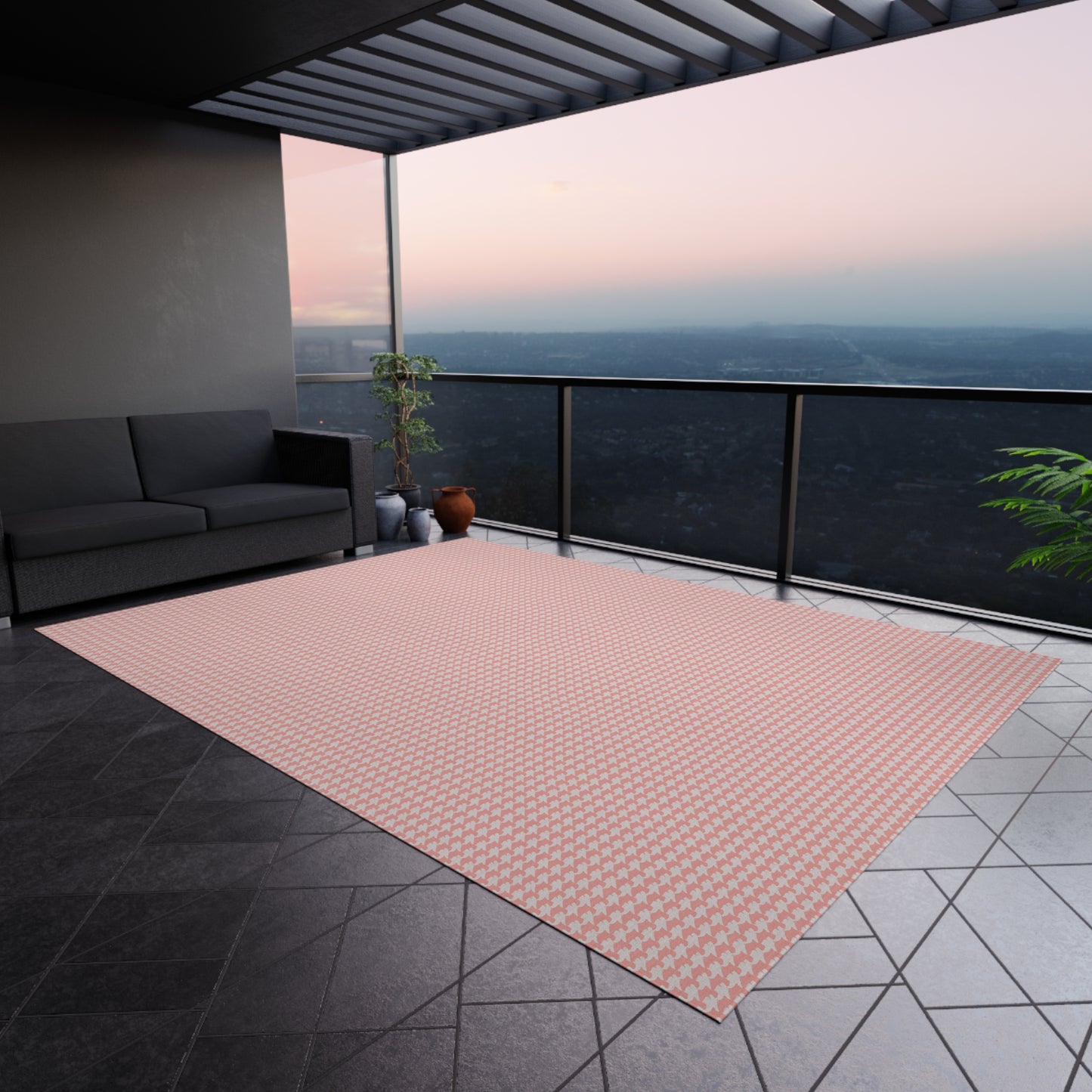 Vampire Art Preppy Grunge Houndstooth Pattern in Coral Pink and White Outdoor Rug / up to 365 cm (144'')