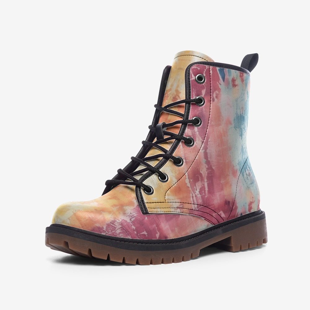 Vampire Art Tie-Dye Hippie Boho Festival Vegan Leather Unisex Combat Boots - Pastels - US sizes