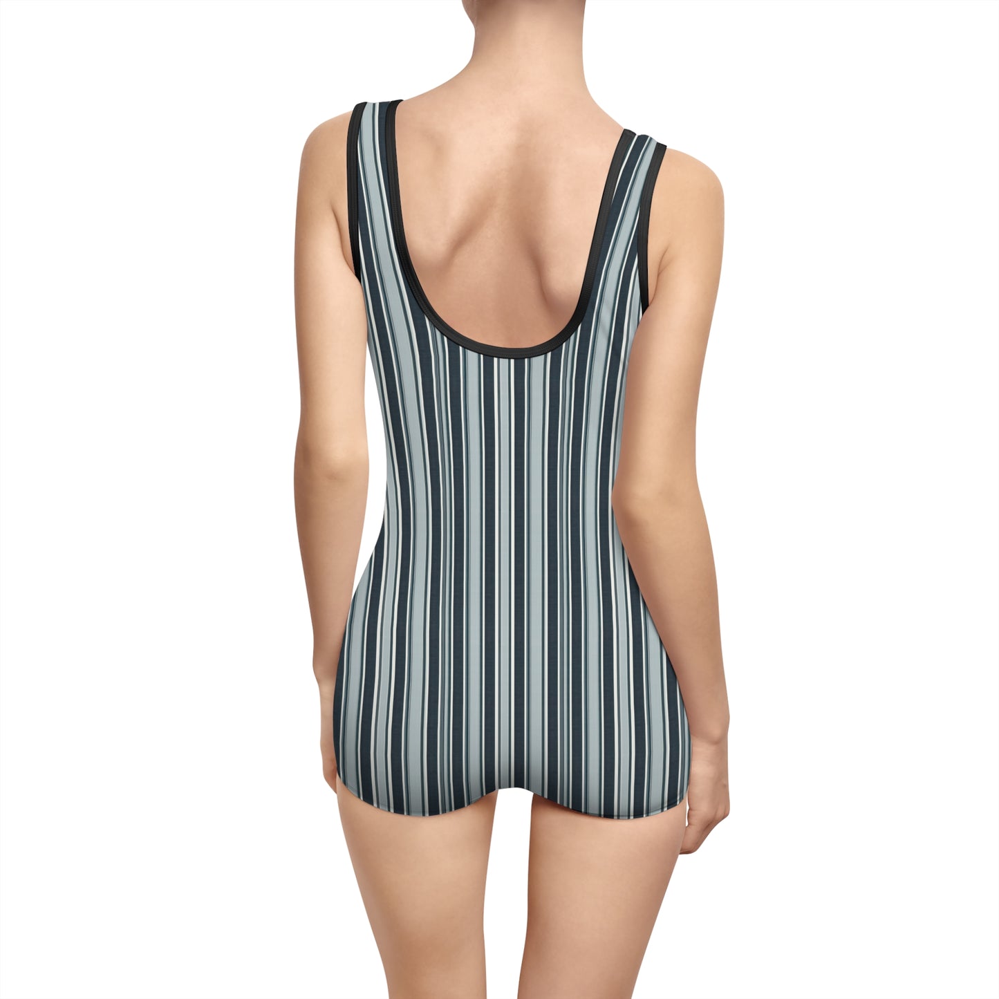 Vampire Art Women's Vintage Swimsuit - Shades of Blue Vertical Thin Grandad Stripes