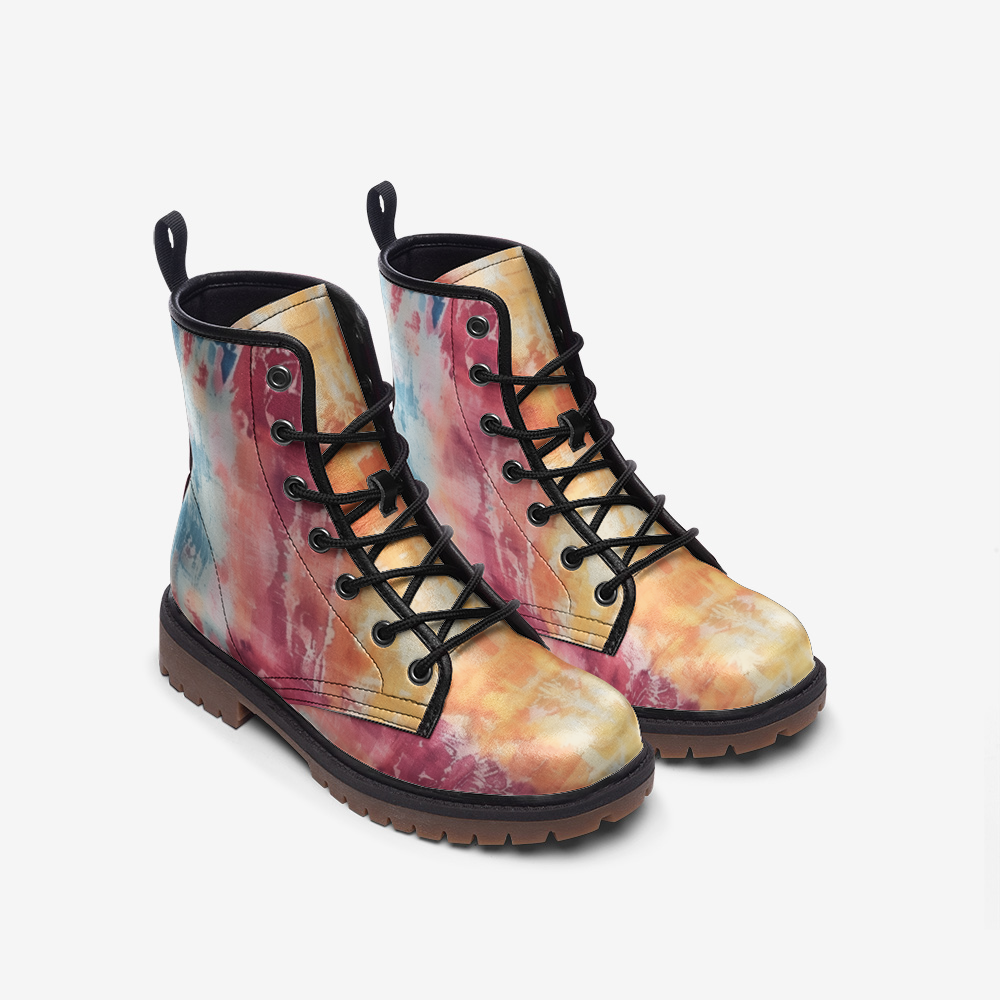 Vampire Art Tie-Dye Hippie Boho Festival Vegan Leather Unisex Combat Boots - Pastels - US sizes