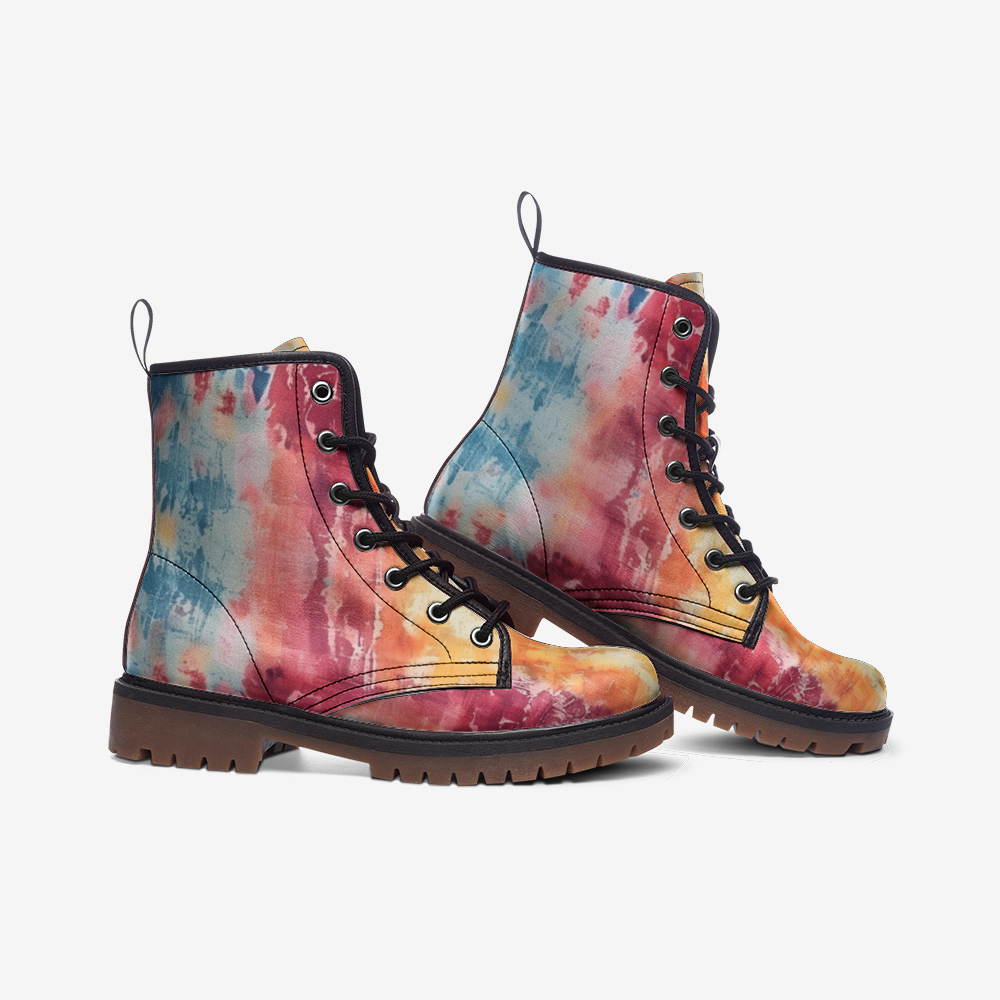 Vampire Art Tie-Dye Hippie Boho Festival Vegan Leather Unisex Combat Boots - Pastels - US sizes