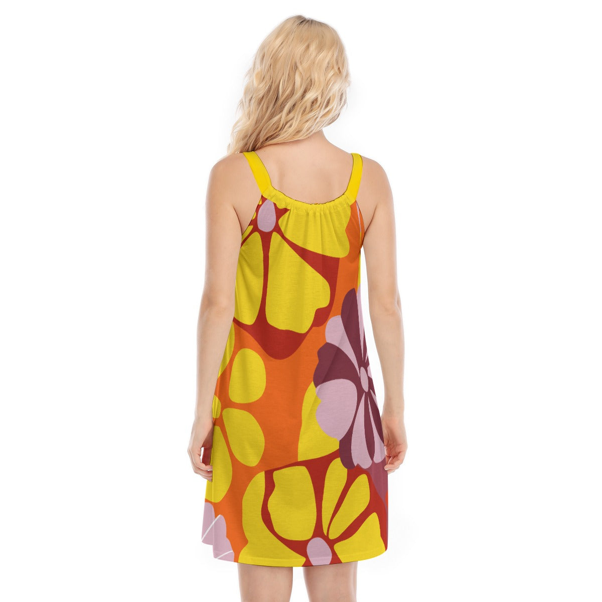 Vampire Art Retro Bold Sixties Florals Sleeveless Cami Dress - Yellows and Oranges with Lilac