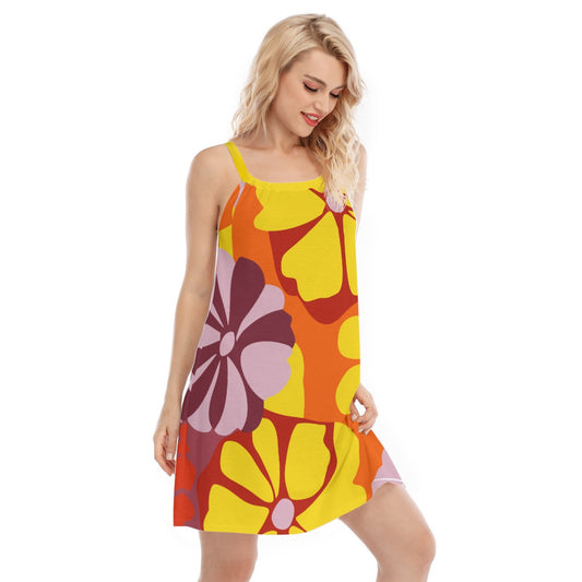 Vampire Art Retro Bold Sixties Florals Sleeveless Cami Dress - Yellows and Oranges with Lilac