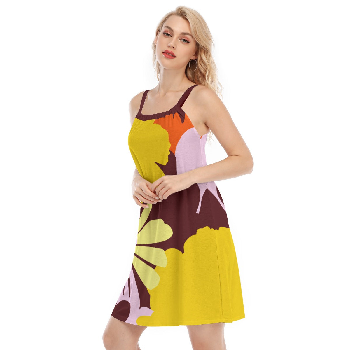 Vampire Art Retro Bold Sixties Florals Sleeveless Cami Dress - Yellows and Browns with Lilac