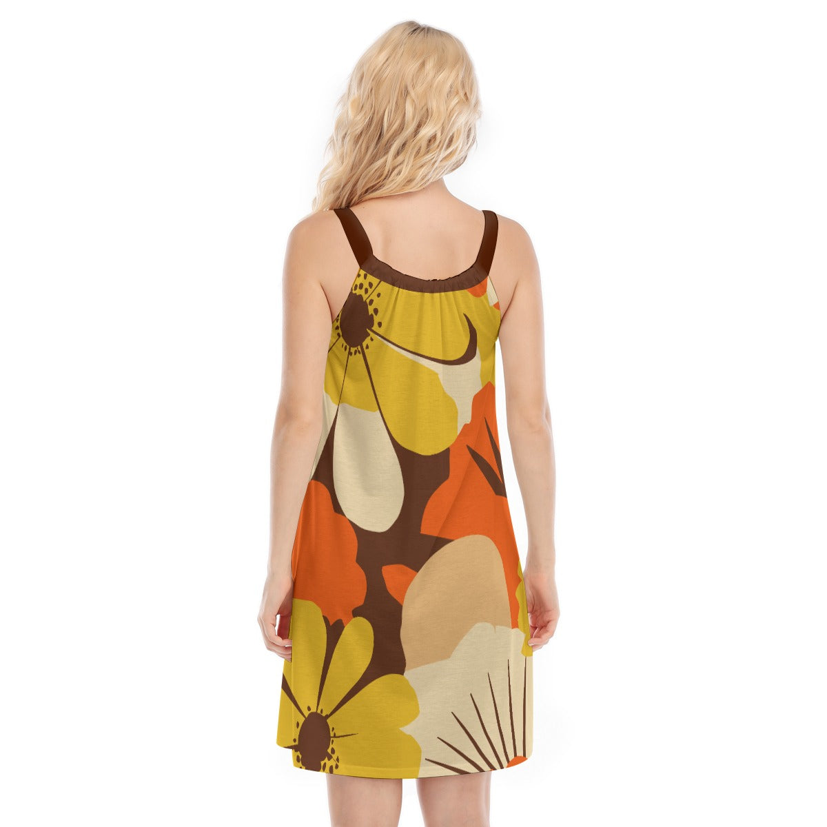 Vampire Art Retro Bold Sixties Florals Sleeveless Cami Dress - Yellows and Browns